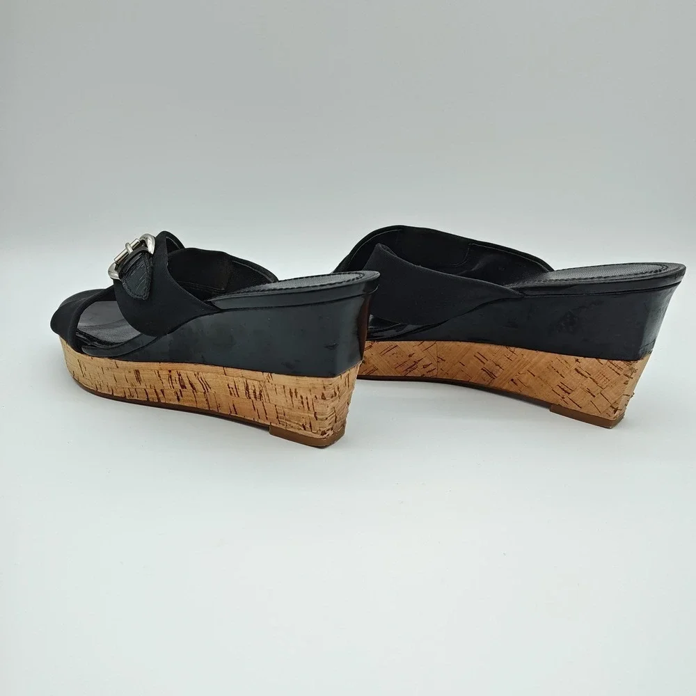 Mootsies Tootsies‎ Oath Black Elastic Cork Wedge Slide Sandals Women's Size 7.5M